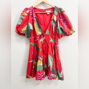 House of Harlow size 8 Red Floral Dress with Puff Sleeves linen Blend